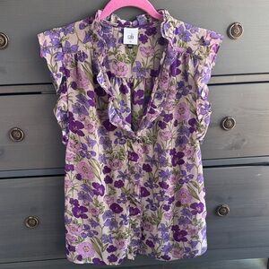 Cabi Purple and Green Floral Blouse Ruffle Sleeve